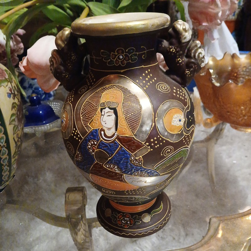Antique Old Satsuma Ceramic Vase with Woman Man Foo Dog Handles Old Rare