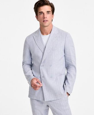 Calvin Klein Mens Slim fit Double Breasted Suit Jacket Blazer 48 L Blue Linen