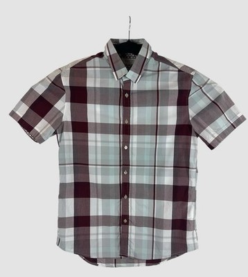 7 Diamonds Mens Medium Plaid Button Front Shirt Red Gray Short Sleeve Casual