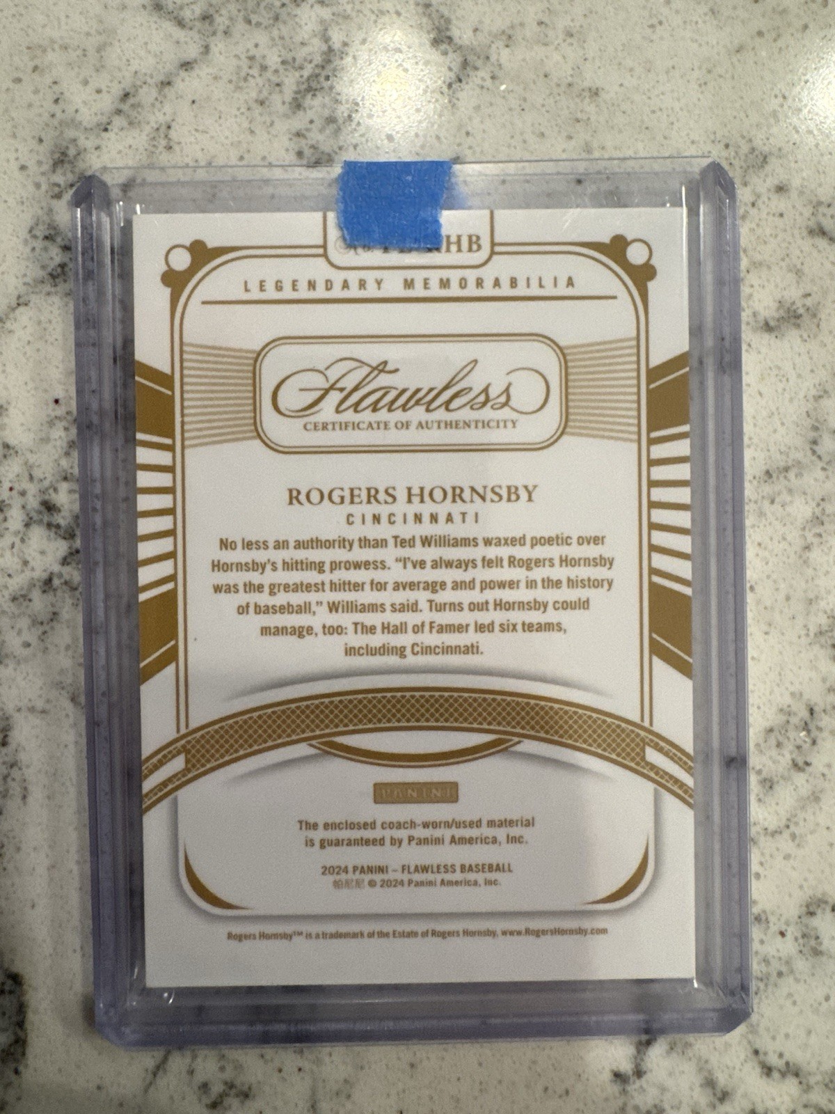 2024 Panini Flawless Material Auto Cuts Rogers Hornsby Patch #1/1 view 2