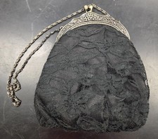 Vintage Black Lace Covered Kiss-Lock Evening Bag w/ Ornate Frame Chain Strap