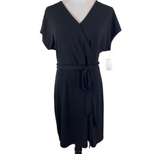 Nine West Womens Faux Wrap Dress Size Large Lightweight Summer Black V-Neck