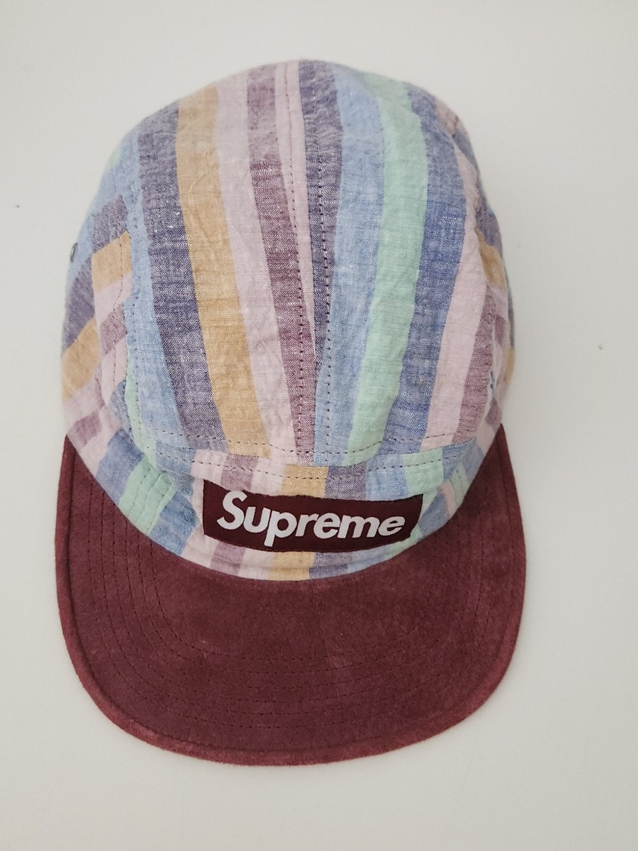 FW14 Supreme Striped Linen Suede Camp Cap 2014 Vintage Rare