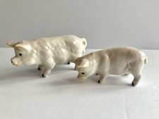 Vtg 2 Ceramic Miniature White Hog  Pig Figurines Family Farmhouse Piggies Decor