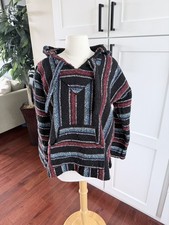Artesanias F.R. Baja Hoodie Mens Medium Mexican Blanket Pullover Red Black Gray