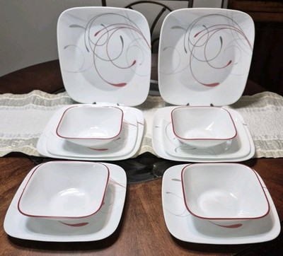 12 Pc Corelle Splendor 4 Dinner 4 Luncheon Plate 4 Soup Bowl Set Square Cornin