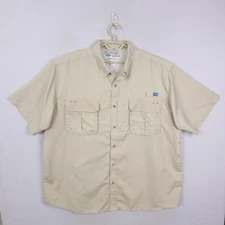 AFTCO Shirt Mens 2XL Tan Short Sleeve Fishing Vented Button Front Polyester