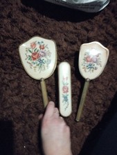 Vintage 3 Piece Vanity Set  Mirror Hairbrush Clothes Brush Embroidered Back
