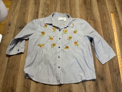 Breckenridge Shirt Women's PL White Black Striped Sunflower Embroider Button Up