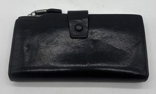 Black Leather Long Bifold Wallet Card Slots Zip Snap