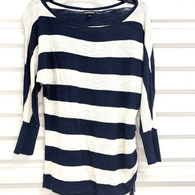 Express Womens S Navy White Striped Knit Top Side Ruched Drawstring 3/4 Sleeve