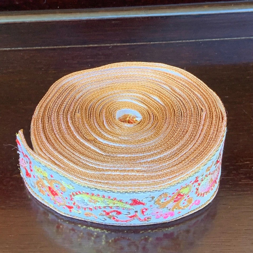Vintage Floral Paisley Jacquard Brocade Ribbon Gold Pink Yellow 1.5” Wide Estate - Image 4 of 4