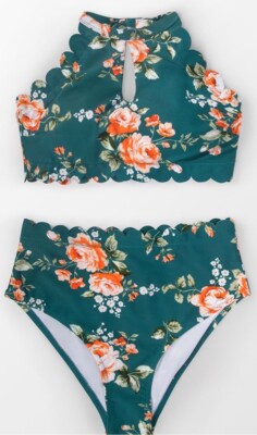 Cupshe Swimsuit 2 Piece Green Solid V-Neck Scalloped Floral Bikini Sz M