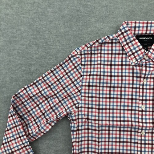 Bonobos Mens Long Sleeve Med Shirt Red Blue Plaid Slim Fit Stretch Oxford Dress - Picture 2 of 18
