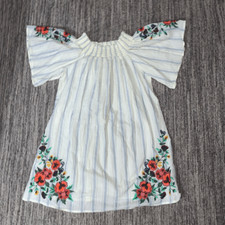 Womens Medium Embroidered Mini Dress White Stripe Off The Shoulder Cotton Boho