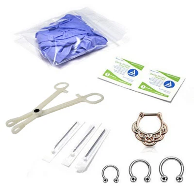 LIONGOTHIC 10Pc Septum Piercing Kit -Horseshoe,Needles,Forceps,Clicker Randomly Picked