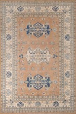 Geometric Super Kazak Living Room Rug 6x9 Wool Handmade Peach Ivory Carpet