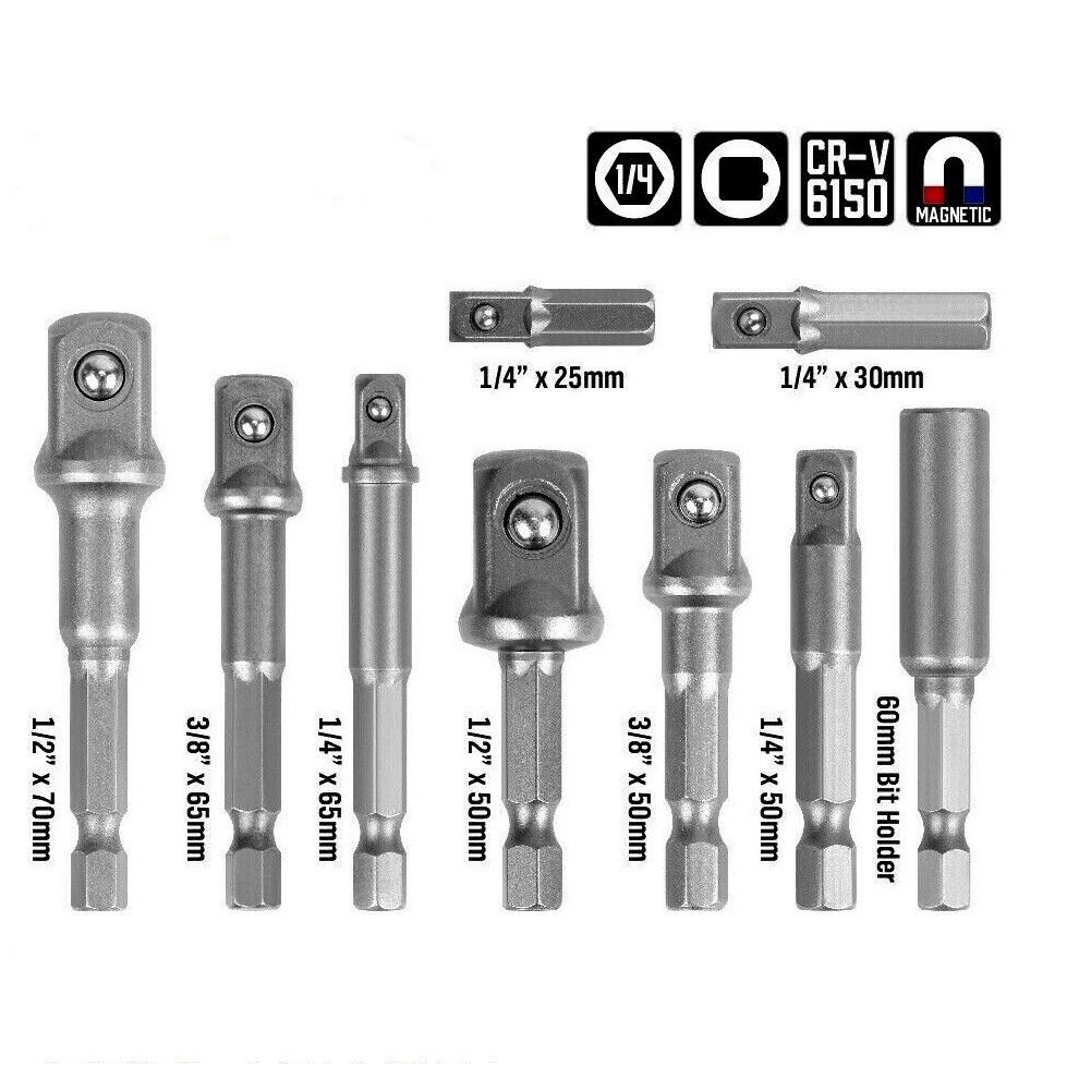 SET 9 ADATTATORI PER BUSSOLA 1/4" 3/8" 1/2" PER AVVITATORE E TRAPANO...