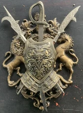 Spanish revival war decor metal sword breast plate Halberd Lion coat of arms