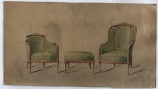 Magnifique Tableau Peinture Aquarelle Projet Fauteuils Tabouret Napoléon III