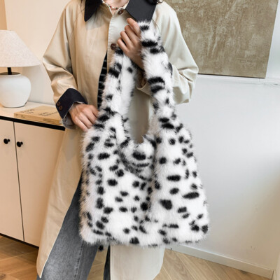Lady Fluffy Tote Shoulder Bags Leopard Print Faux Fur Handbag