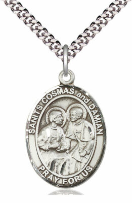 Sts. Cosmas & Damian Medaille 1'' Sterlingsilber, 24'' Rhodiumplatte Verschluss Kette