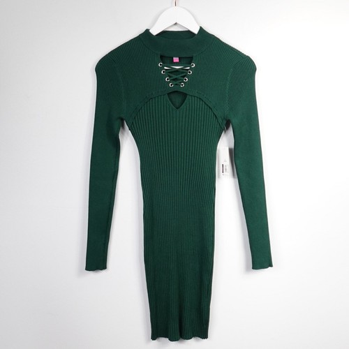 No Boundaries Green Mock Neck Fitted Ribbed Bodycon Long Sleeve Sweater Dress S - 第 4/12 張圖片