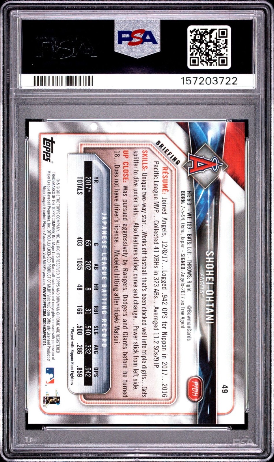 2018 Bowman Shohei Ohtani Rookie #49 PSA 8 NM-MT view 2