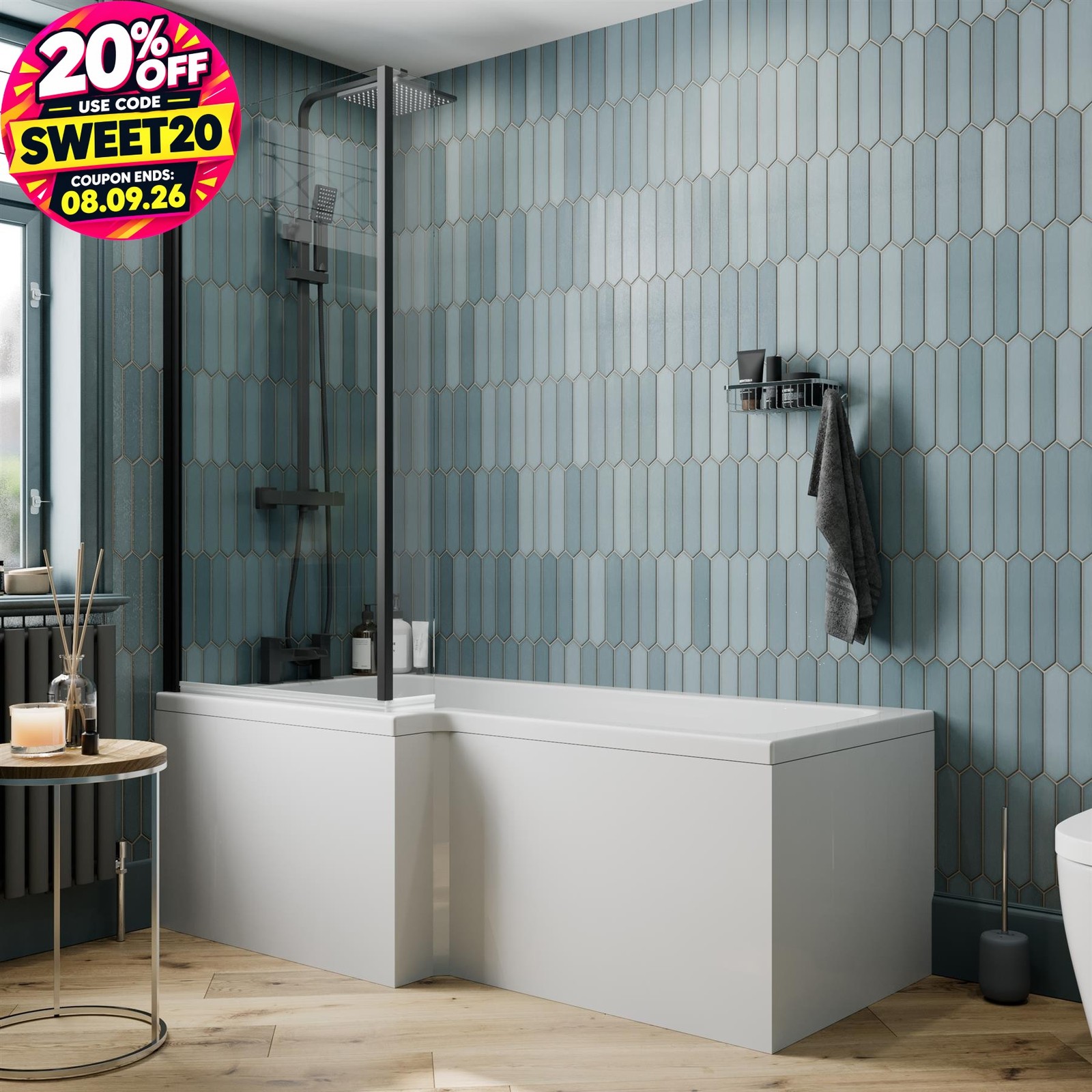 Bathroom L Shaped Bath Black Shower Screen Left Hand Front Panel White 1600mm