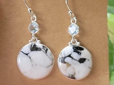 White Buffalo Turquoise W/ Blue Topaz 925 Sterling Silver Dangle Earrings 