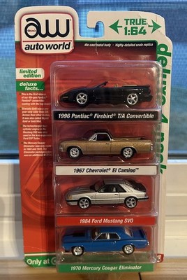 AW Auto World Deluxe 4 Pack Pontiac Firebird Chevrolet Camino Mustang Mercury