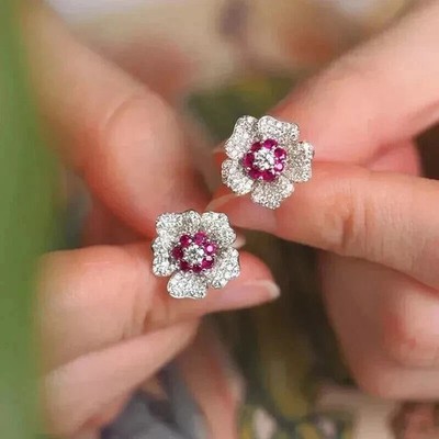 1.80Ct Round Simulated Ruby Beautiful Flower Stud Earrings 14k White Gold Plated