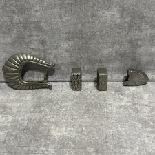 Vtg Scalloped Shell Belt Buckle Set Pewter Silver Tone Keeper Tip Western