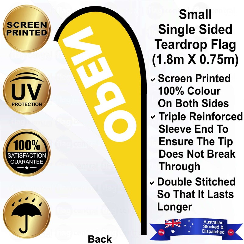 F - OPEN Yellow 2.4m Teardrop Flag / Banner Kit with Pole Set, Galvanised Steel Ground Spike, Steel Outdoor Cross Base, Free 15kg Water Bag and a Free Carry Bag - 2