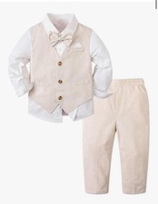 Boy Kids Formal Outfit Long Sleeve Suit With Best Khaki Linen Pant