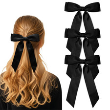 3Pcs Black Hair Bows for Women Double-Layer Long Tail Bow Hair Clip Hair Ribbon