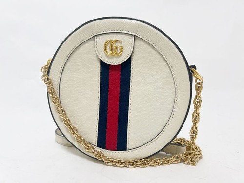 GUCCI Ophidia GG Mini Round Chain Shoulder Bag Crossbody Leather Off White Gold