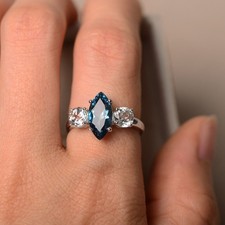 925 Sterling Silver Blue Topaz Gemstone Three Stone Women Ring Duty Free