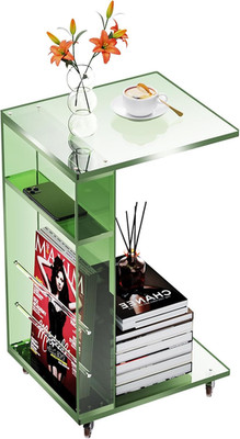 Green C-Shaped Clear Acrylic Side Table on Lockable Wheels for Small Spaces