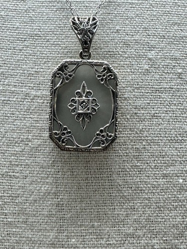 Vintage Art Deco Sterling Silver Diamond Glass Pendant Necklace 925 - Picture 6 of 14