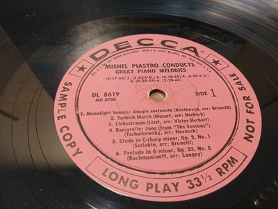 **PROMO LP ONLY** Mishel Piastro Conducts Great Piano Melodies, VG+ Decca DL8619