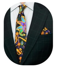 Premium Mardi Gras Necktie  Matching Pocket Mardi 1: Vibrant Masquerade Mask