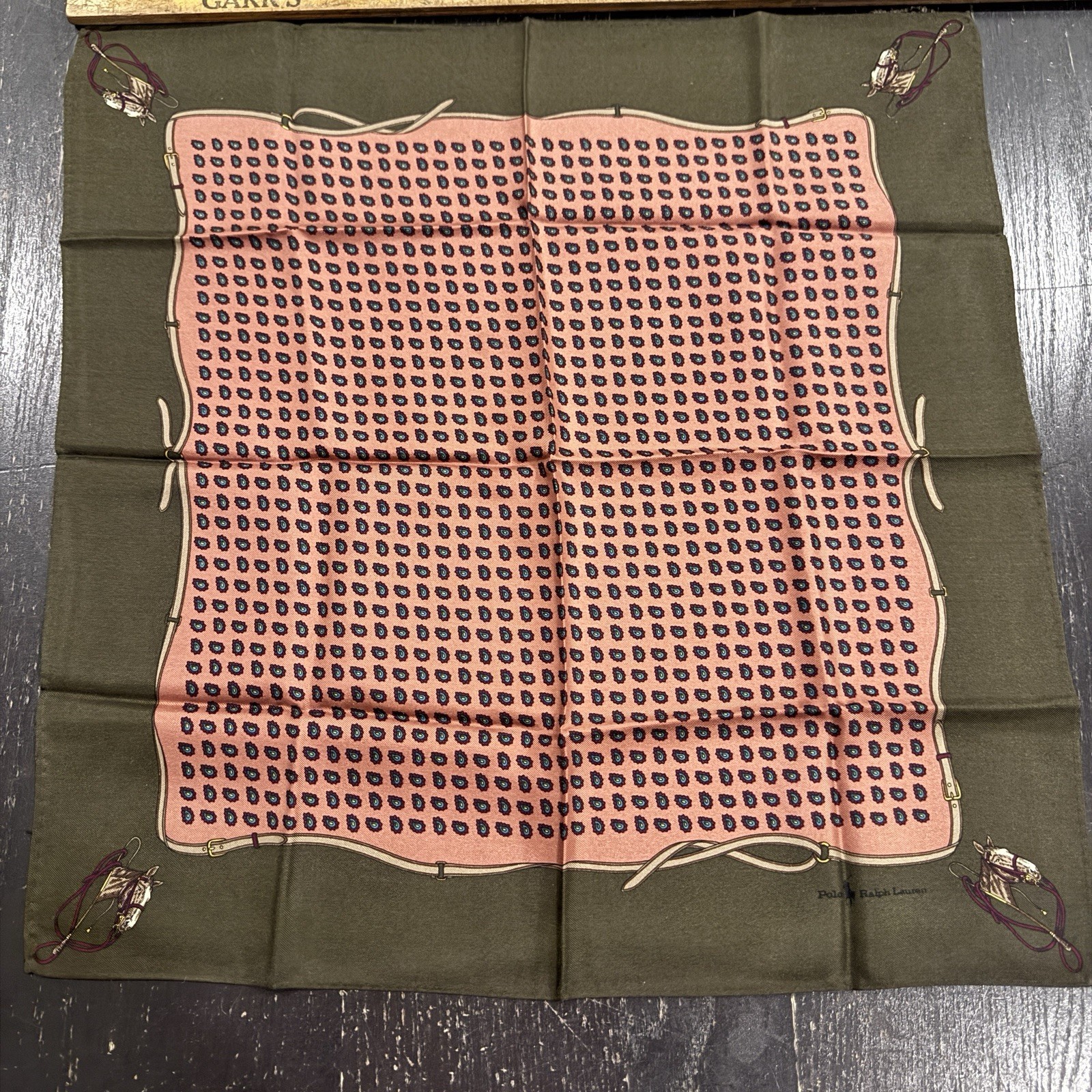 Vintage Polo Ralph Lauren Silk Pocket Square Scarf Equestrian Horse Saddle