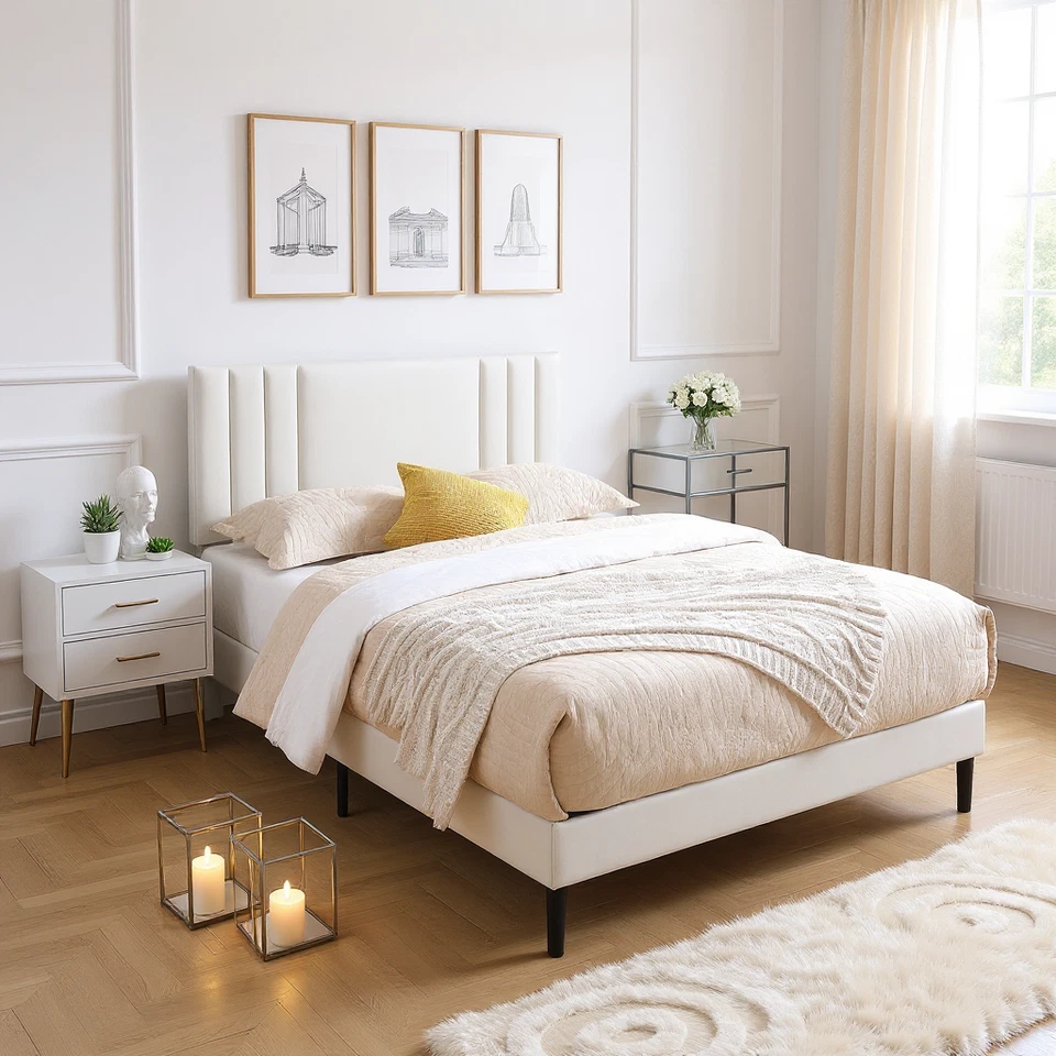 Marco de cama tapizado Queen con cabecero ajustable plataforma de cuero sintético blanco Foto 2 de 4