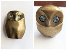 VTG Solid Brass Owl MCM MidCentury Modern Signed Blue Eyes Rhinestones Crystals