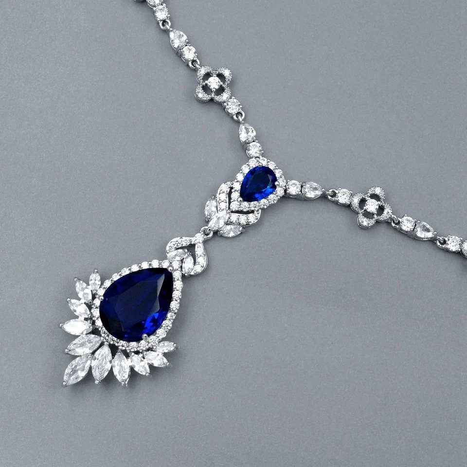 Conjunto de joyas para mujer collar de circonitas cúbicas azules pendientes colgantes boda graduación 252 Foto 3 de 4