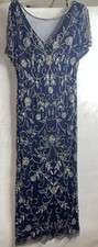 NWT Pisarro Nights Beaded Mesh Column Gown Navy Blue Sz 6