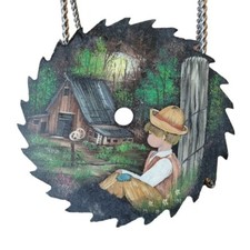 Handpainted Circle Saw Blade with Country Theme Farmhouse Barn Little Boy 7" Art
