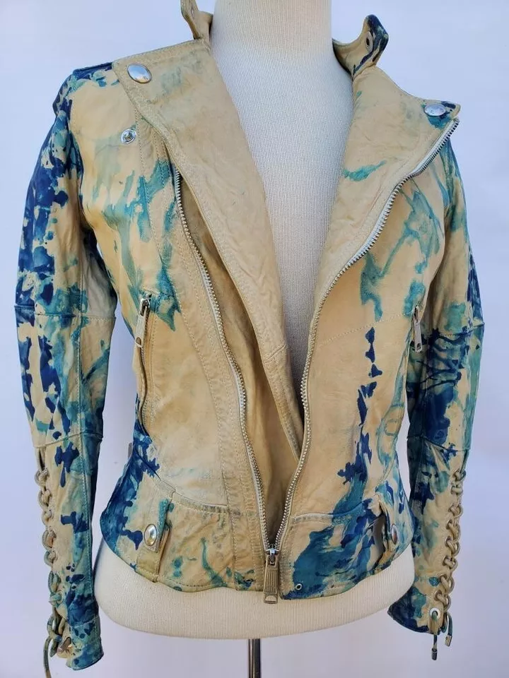 Ralph Lauren leather jacket denim blue purple beige 0 2 4 painted tiedye moto XS - Image 2 of 4