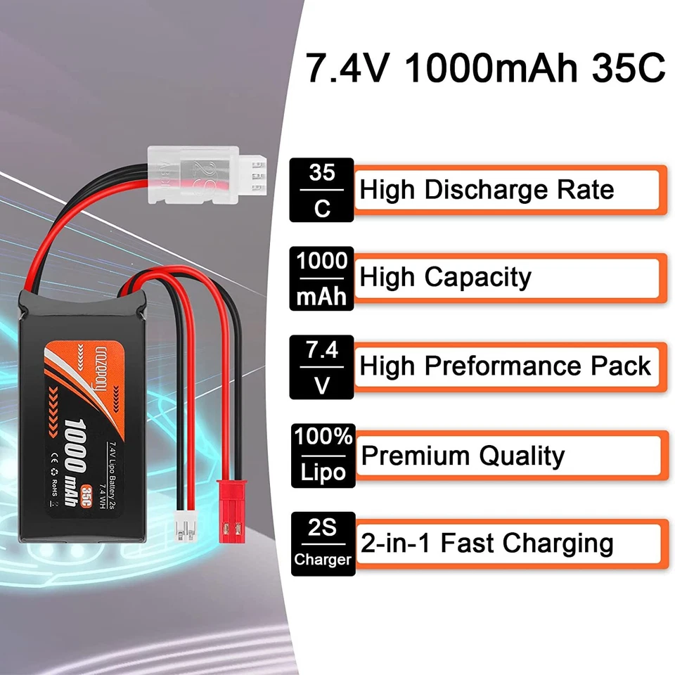 2x 7,4V 1000mAh Lipo Akku SCX24 Batterie mit PH2.0&JST Stecker 35C USB Ladegerät - Bild 2 von 4